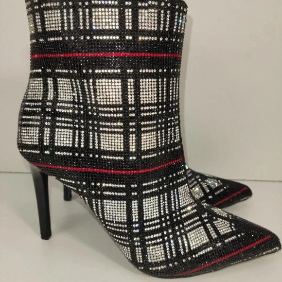 INC International Concepts Plaid BLING Ankle Boots Black,Silver, Red NWOB Sz 5 - Picture 3 of 8